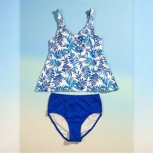 Swimsuits For All Tankini Set | Blue Leaf Print Top & Solid Bottoms | Size 14